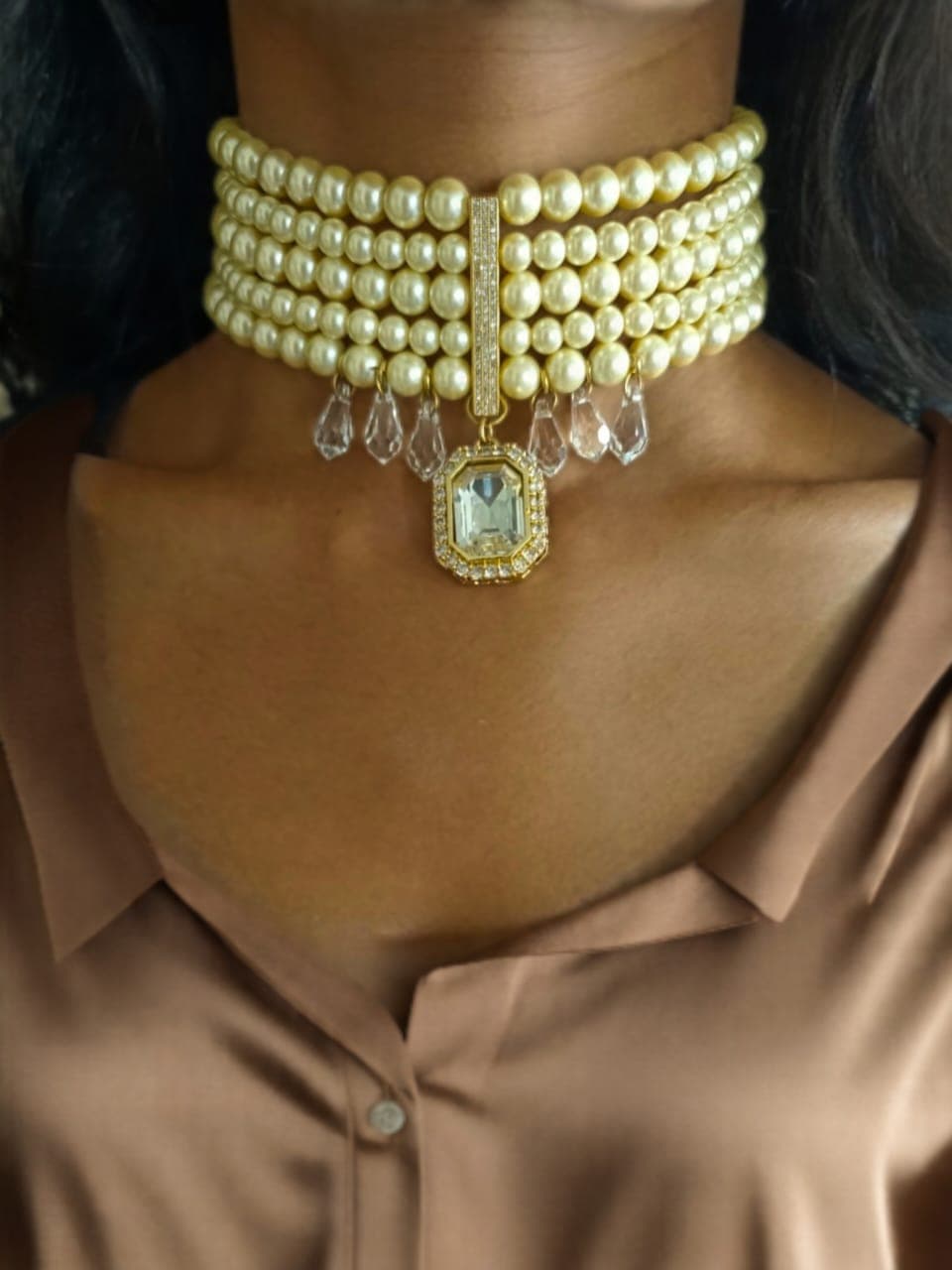 Pearl Multi Strand Choker with Crystal Pendant