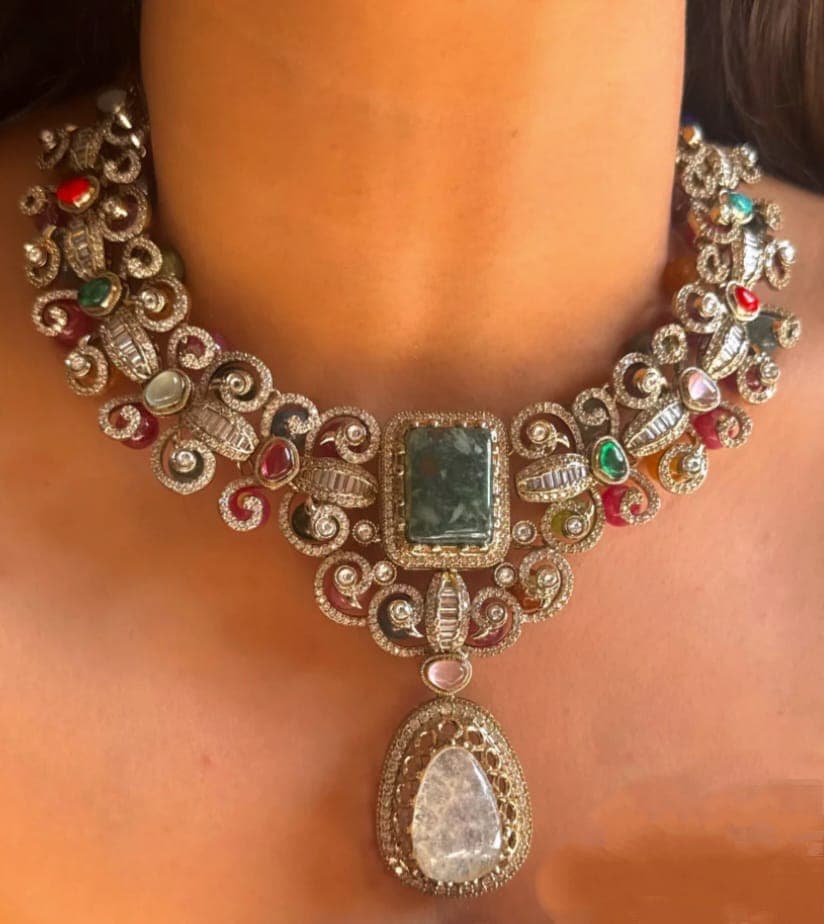 Intricate Mixed Gemstone and Diamond Pendant Necklace