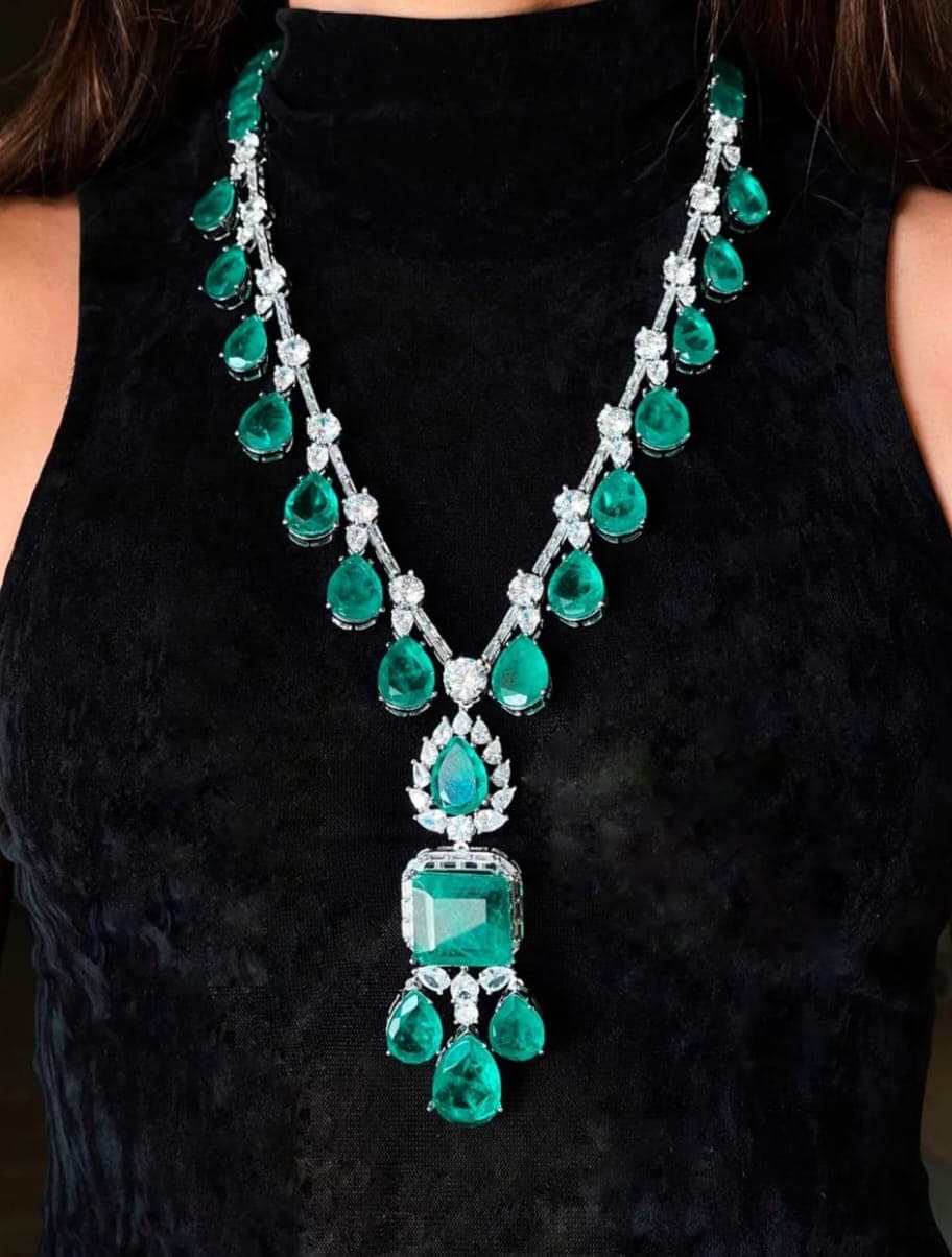 Emerald and Diamond Teardrop Necklace