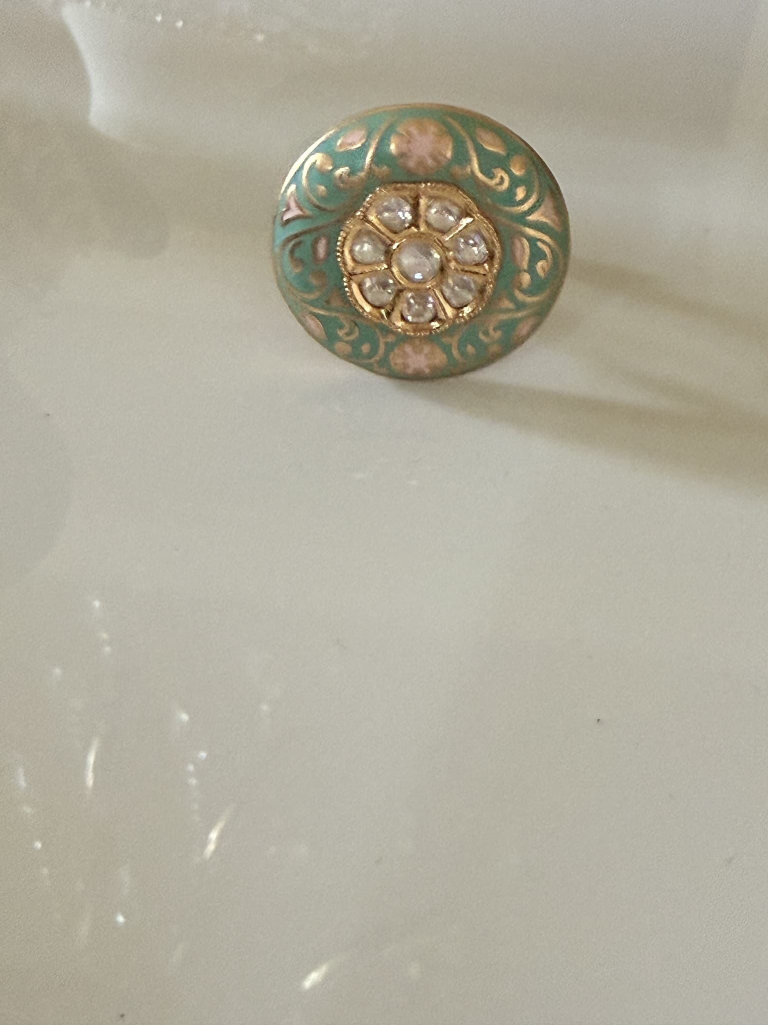 Green Enamel Pearl Flower Ring
