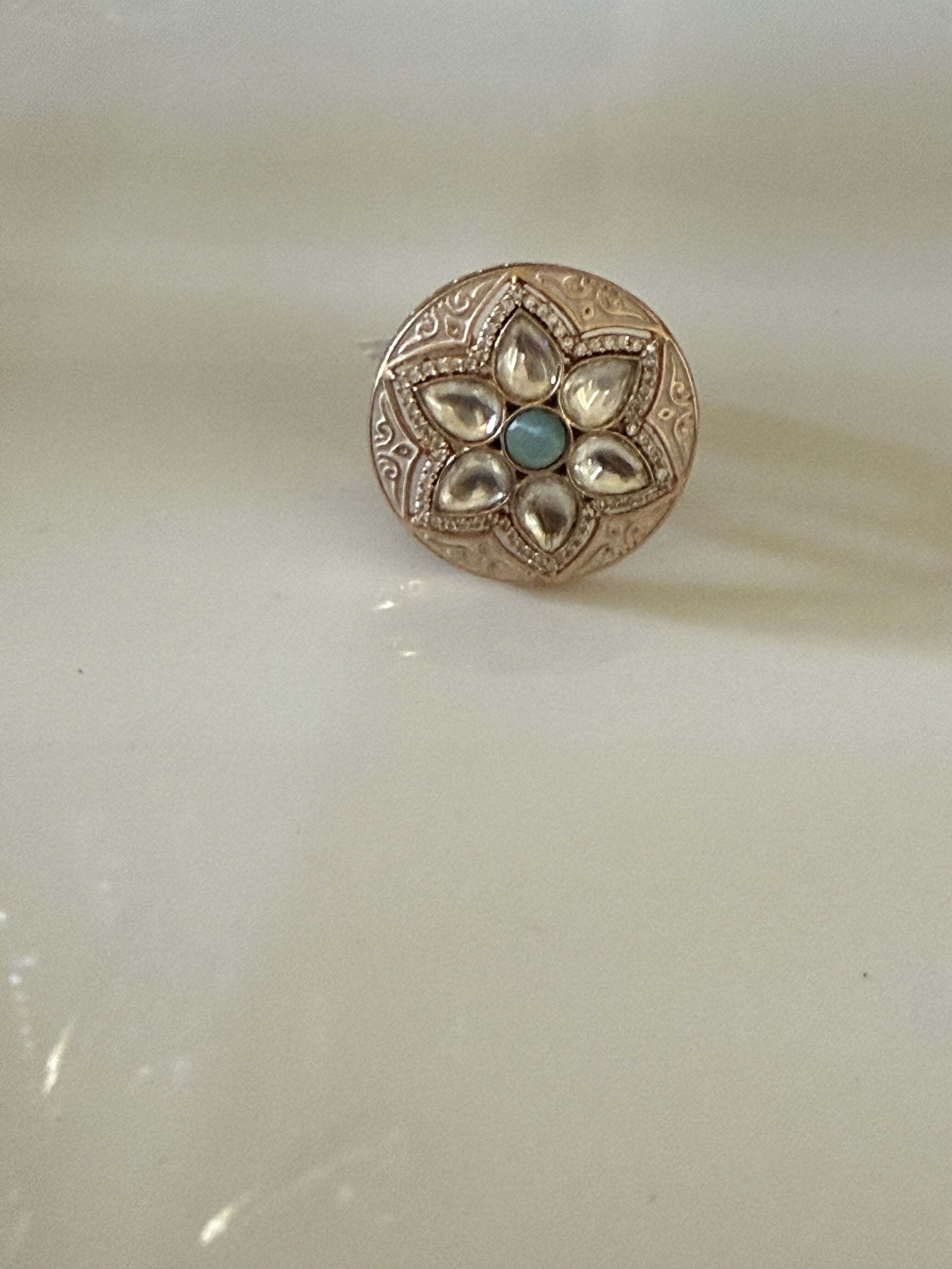 Turquoise Floral Kundan Dome Ring