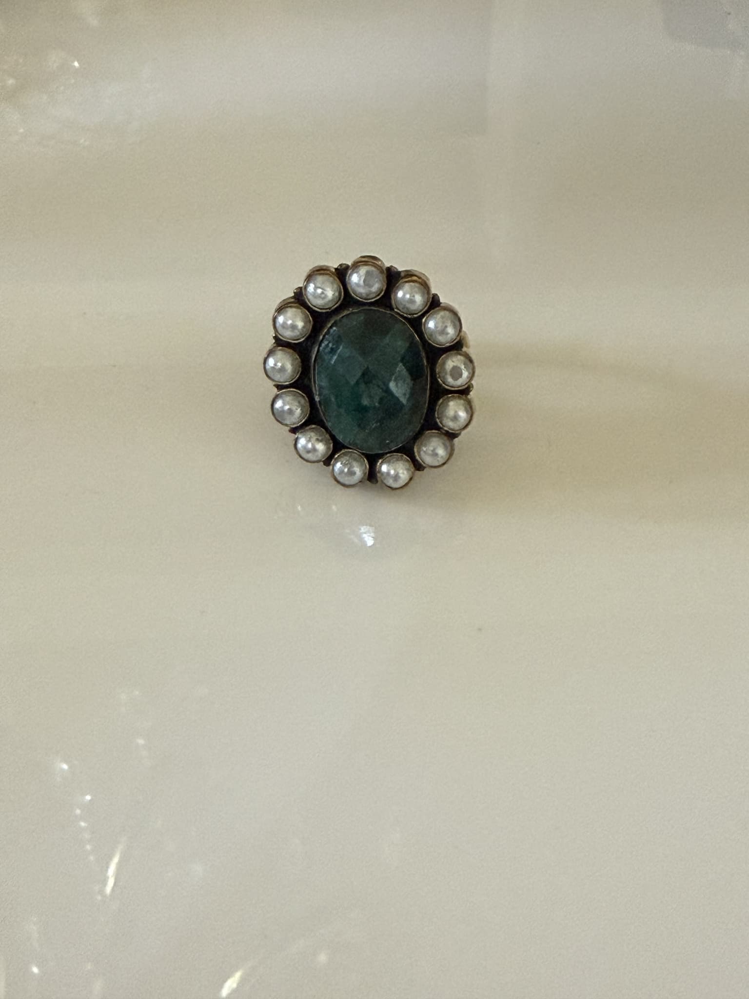 Emerald and Pearl Halo Ring