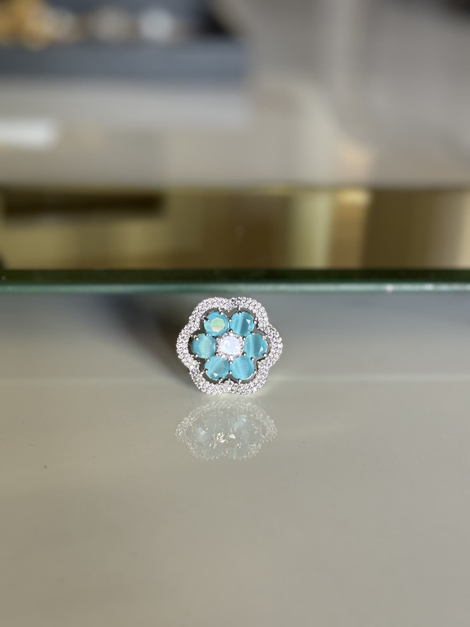 Aquamarine Halo Floral Ring