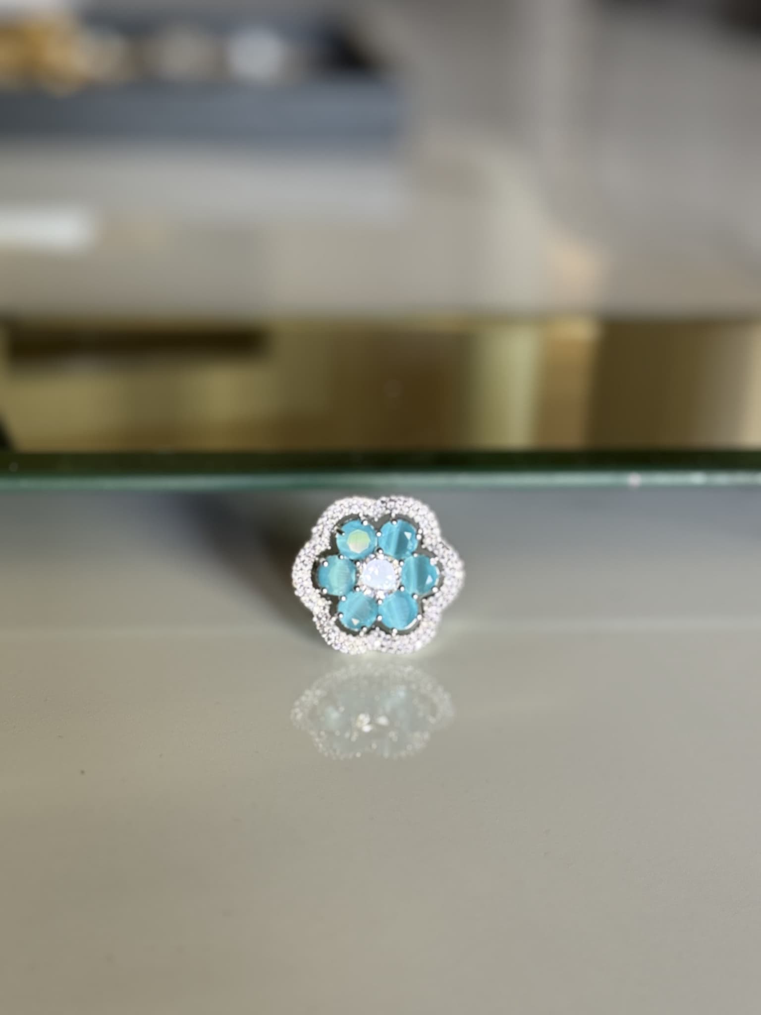 Aquamarine Halo Floral Ring