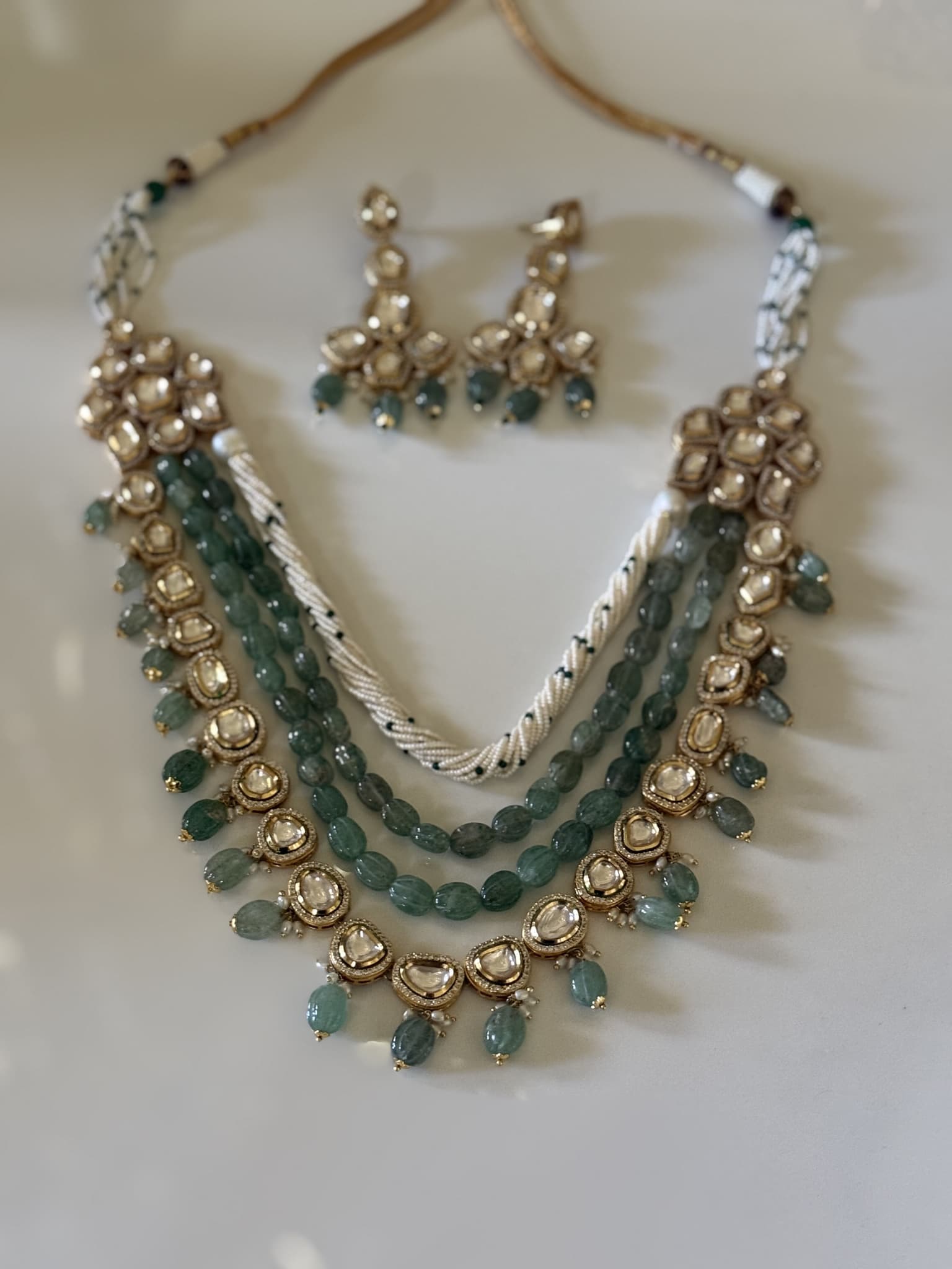 Kundan and Green Bead Layered Necklace Set