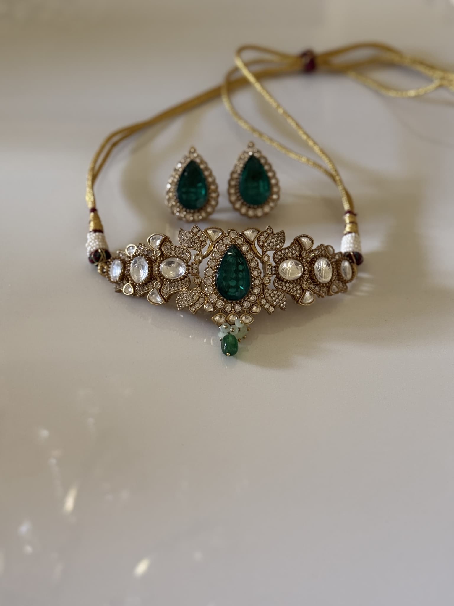 Kundan and Green Bead Layered Necklace Set
