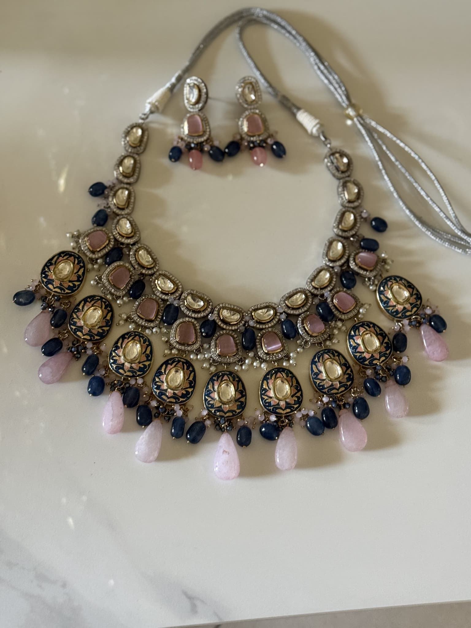 Pink and Blue Kundan Festive Necklace Set