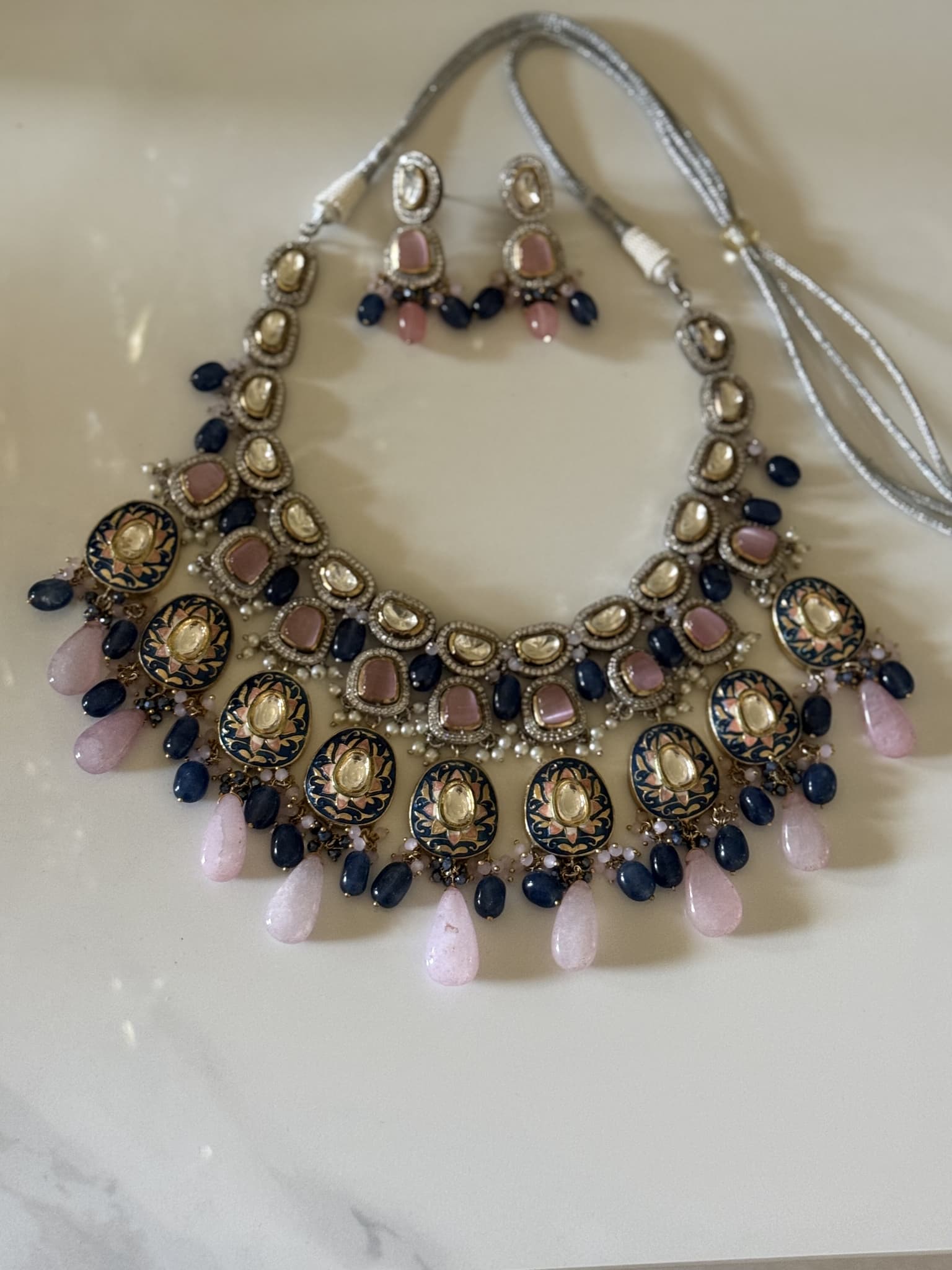 Pink and Blue Kundan Festive Necklace Set