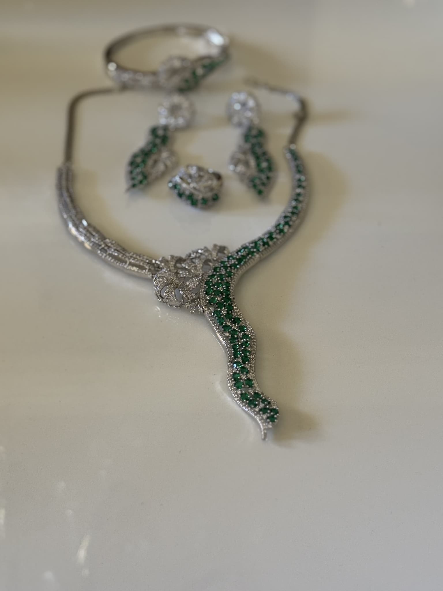 Emerald and Diamond Swirl Necklace Set