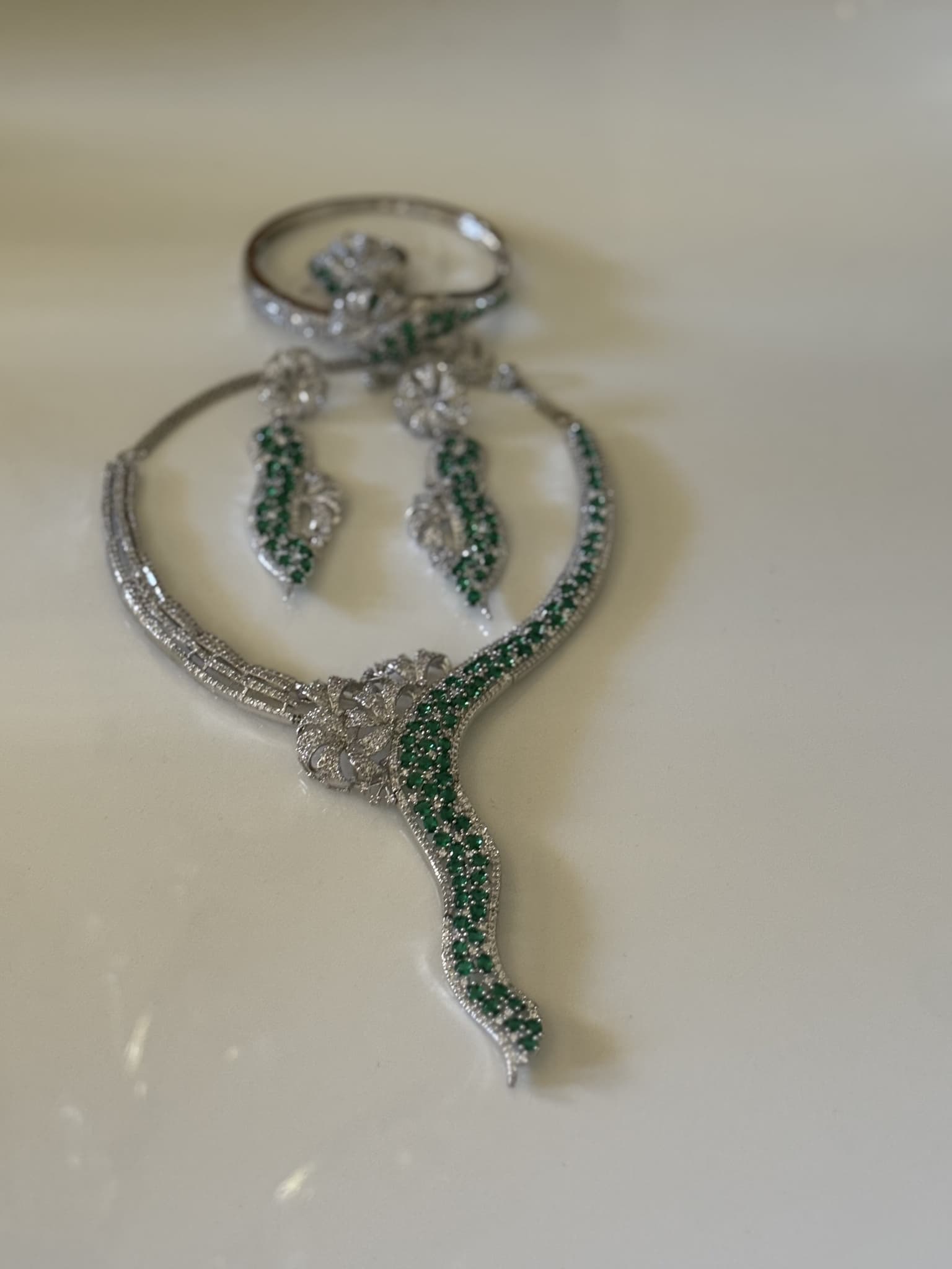 Emerald and Diamond Swirl Necklace Set