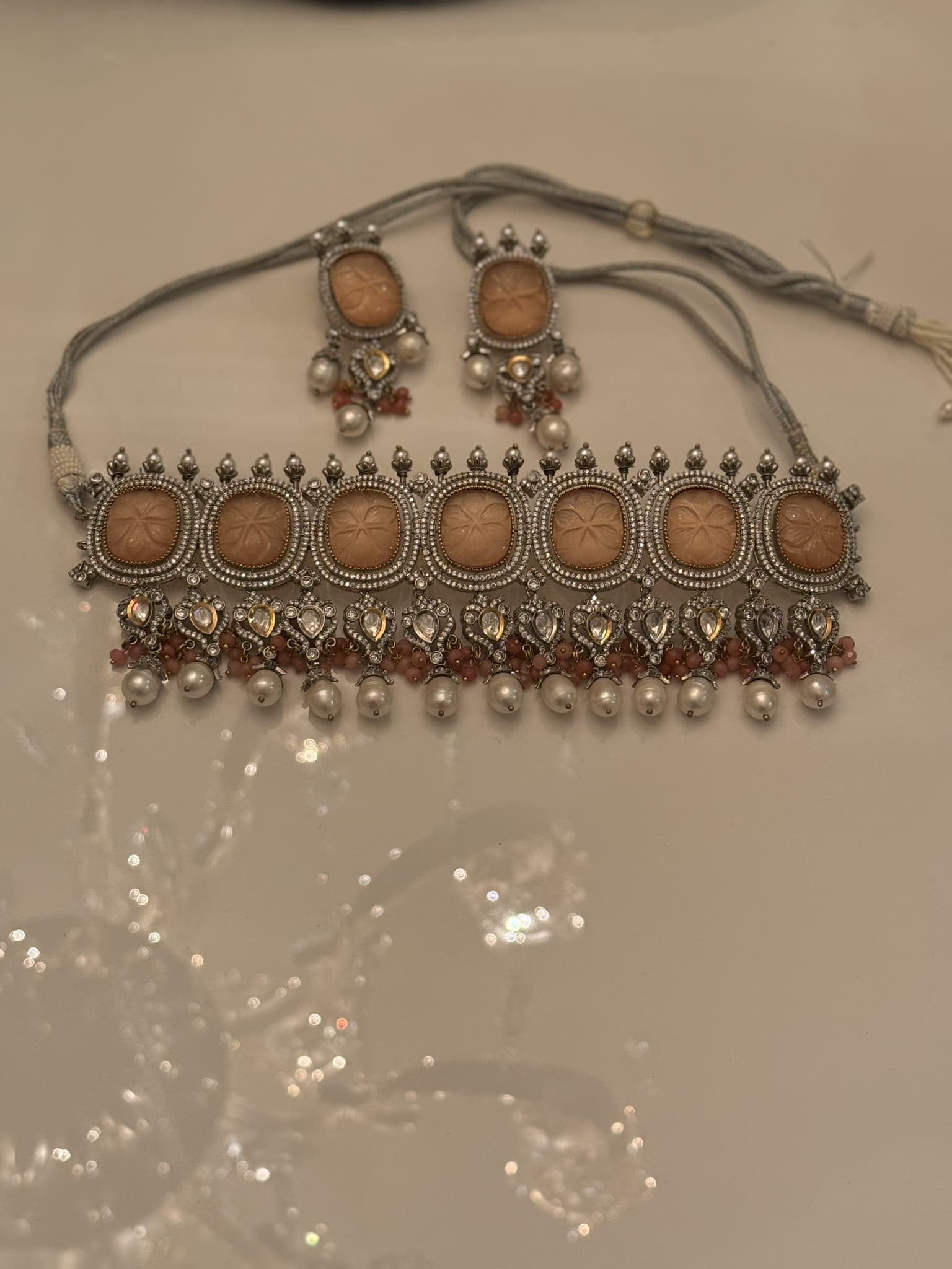 Carved Peach Coral Pearl Choker Set