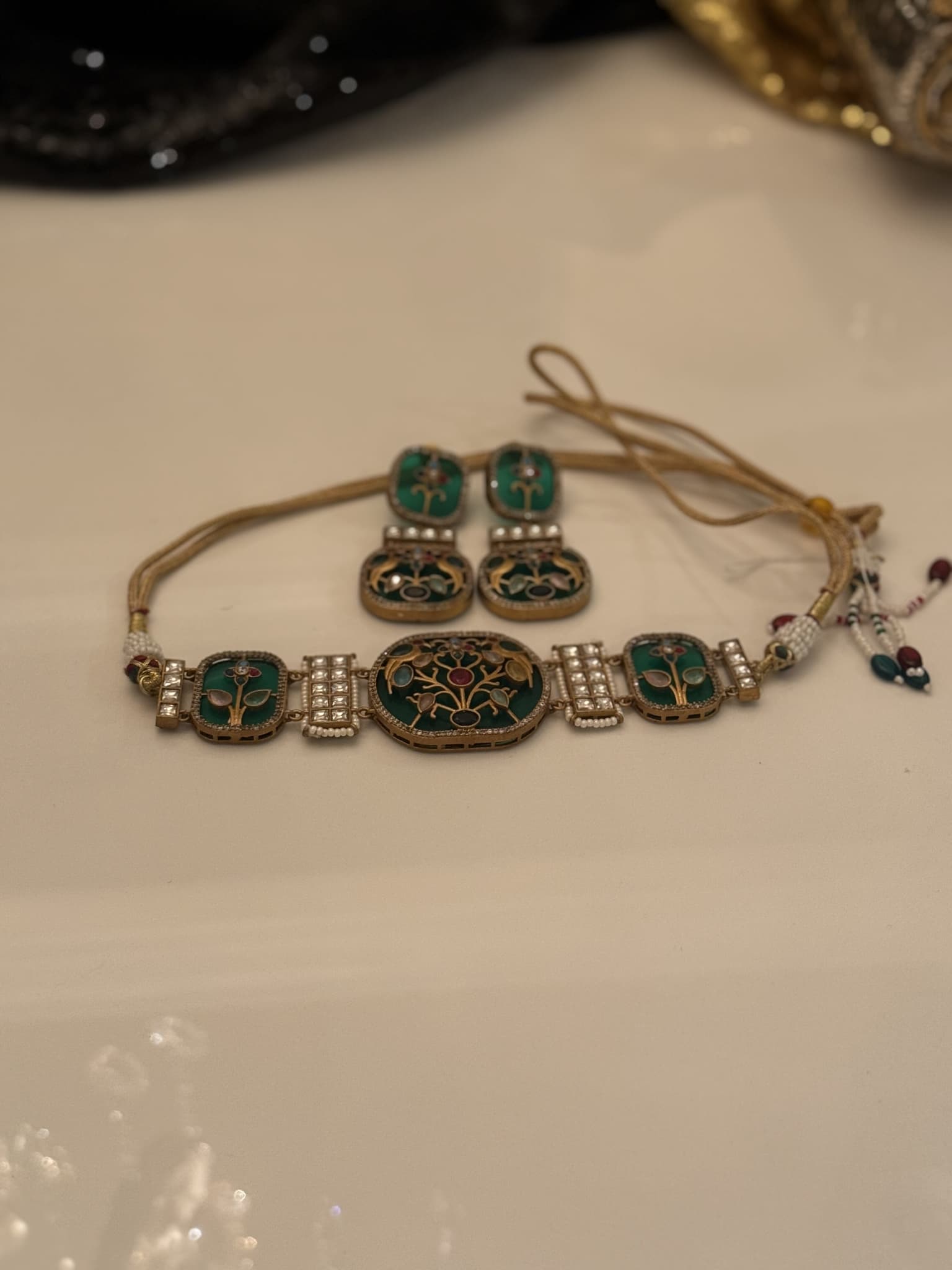 Green Meenakari Floral Kundan Set