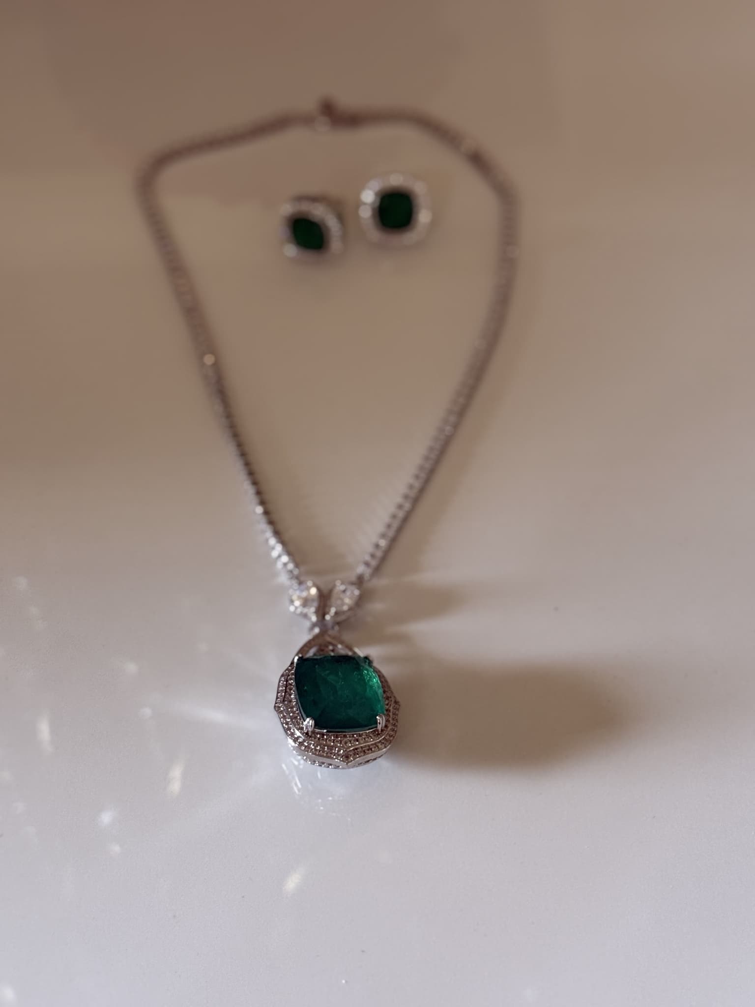 Emerald Cushion Pendant Set