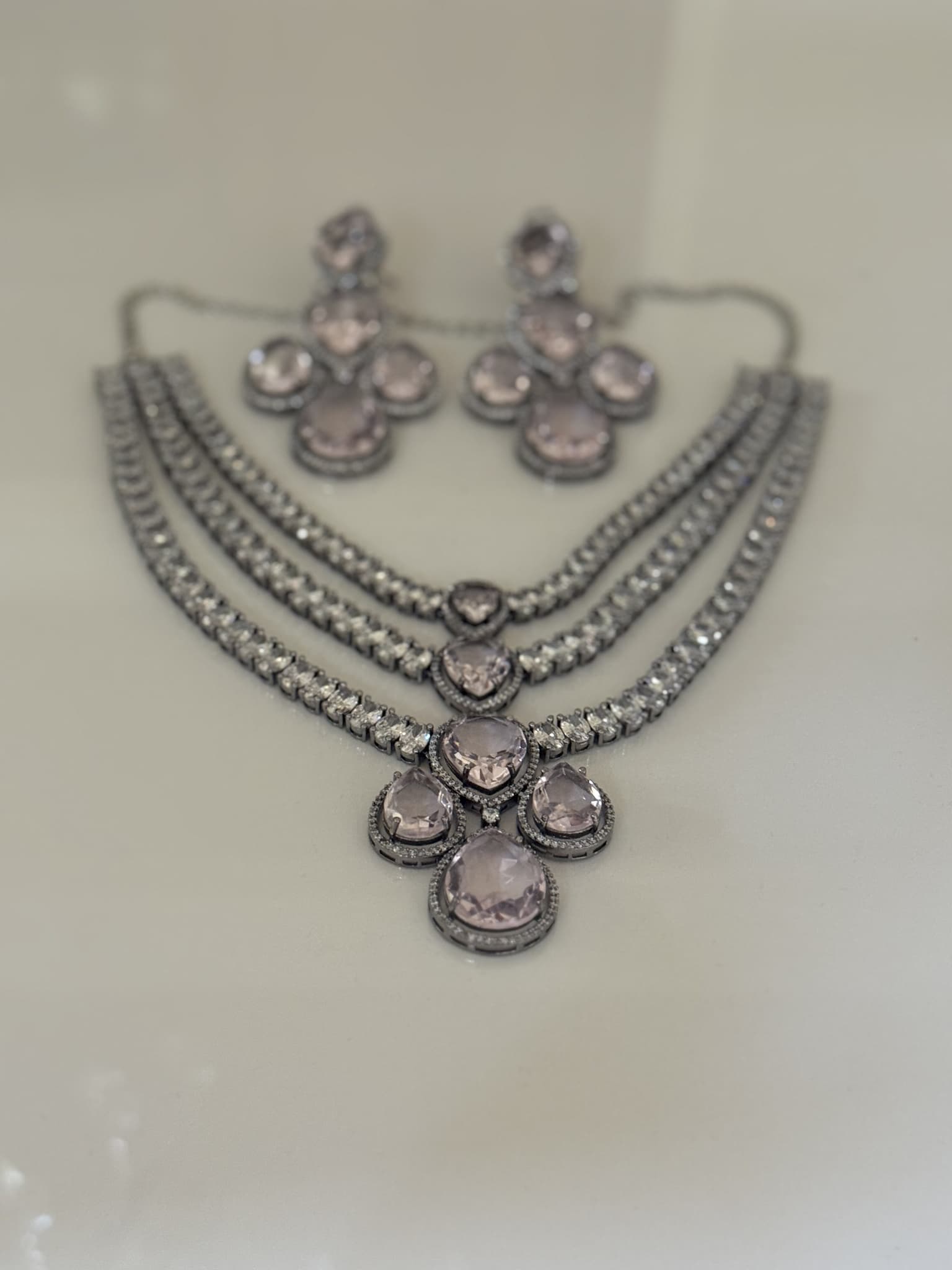 Smoky Quartz Triple Strand Necklace Set