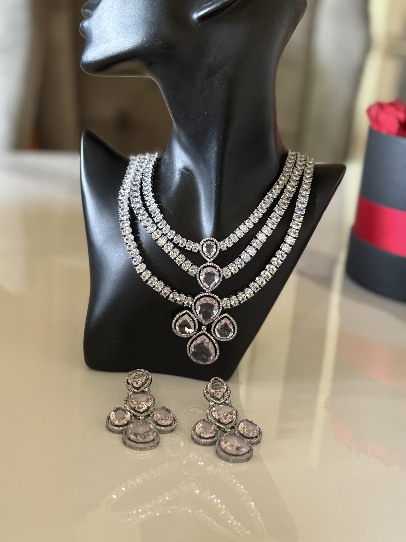 Smoky Quartz Triple Strand Necklace Set