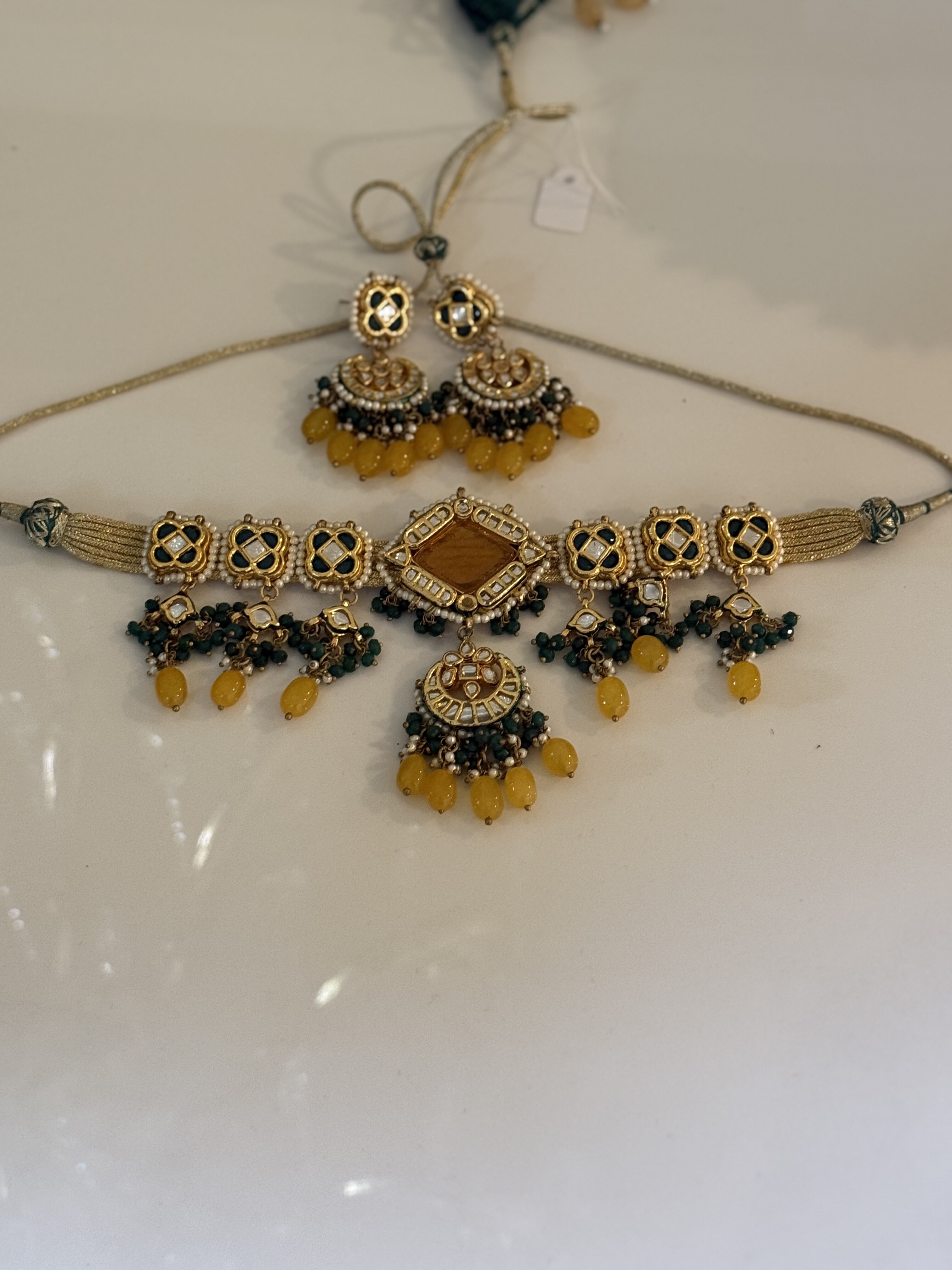Yellow and green kundan Necklace Set