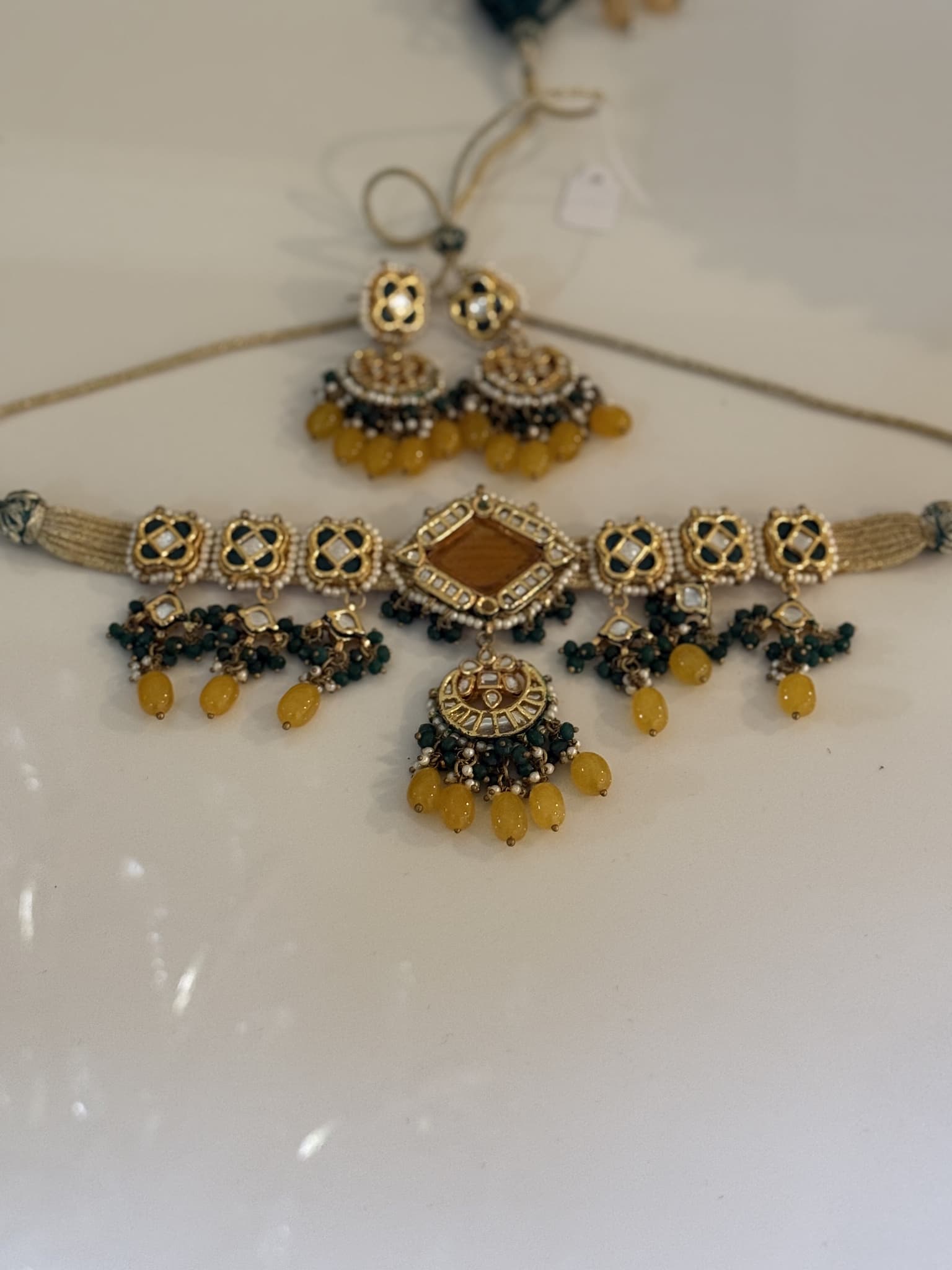Yellow and green kundan Necklace Set